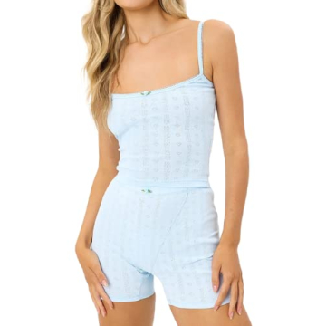 NUFIWI Women Y2K Two Piece Outfit Sleeveless Lace Trim Crop Cami Top High Waist Mini Shorts Set Fits...