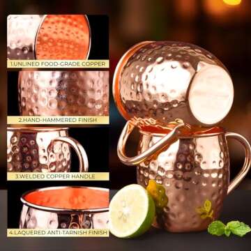 Airbin Moscow Mule Mugs, 4pcs Set of 16oz Copper Cups, Handcrafted Traditional Design, Gift Set with Straws, Spoon, Cleaning Brush & Shot Glass, Insulated, Reusable