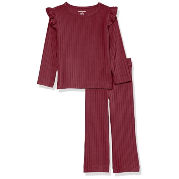 Amazon Essentials Toddler Girls' Wide-Rib Outfit Set, Pack of 2, Dark Red, 3T