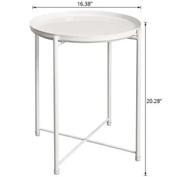 HollyHOME Tray Metal End Table, Sofa Table Small Round Side Tables, Anti-Rust and Waterproof Outdoor & Indoor Snack Table, Accent Coffee Table,（H） 20.28" x（D） 16.38", White
