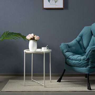 HollyHOME Tray Metal End Table, Sofa Table Small Round Side Tables, Anti-Rust and Waterproof Outdoor & Indoor Snack Table, Accent Coffee Table,（H） 20.28" x（D） 16.38", White