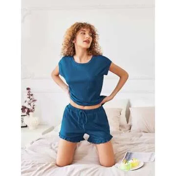 Ekouaer Women's Pajama Set with Cap Sleeves & Ruffle Shorts