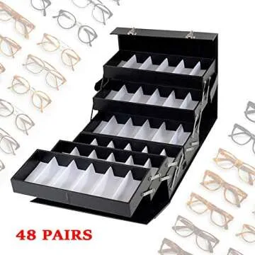 TFCFL Sunglasses Organizer, Sunglasses Slot Display Case,Sunglasses Jewelry Collection Storage Holder Box with Clear Glass Lid PU (48 Slots)