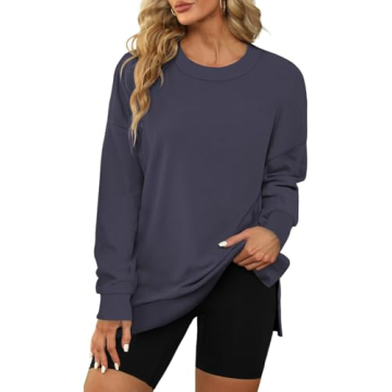 Aisbei Women's Oversized Sweatshirts Casual Crewneck Long Sleeve Shirts Pullover Slit Tunic Tops Fall Winter Clothes 2024-Blue M