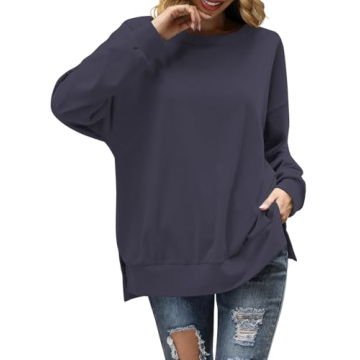 Aisbei Women's Oversized Sweatshirts Casual Crewneck Long Sleeve Shirts Pullover Slit Tunic Tops Fall Winter Clothes 2024-Blue M