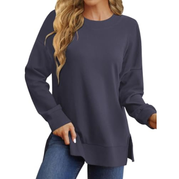 Aisbei Women's Oversized Sweatshirts Casual Crewneck Long Sleeve Shirts Pullover Slit Tunic Tops Fall Winter Clothes 2024-Blue M