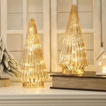 Christmas Decorations Indoor-2PCS Light Up Gold Glass Christmas Tree -Christmas Table Decorations Lighted for Home Living Room Fireplace Tabletop Party