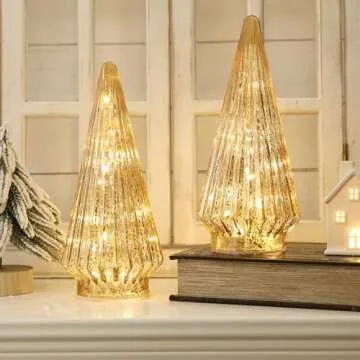 Christmas Decorations Indoor-2PCS Light Up Gold Glass Christmas Tree -Christmas Table Decorations Lighted for Home Living Room Fireplace Tabletop Party
