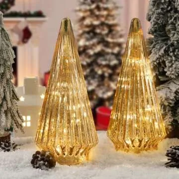 Christmas Decorations Indoor-2PCS Light Up Gold Glass Christmas Tree -Christmas Table Decorations Lighted for Home Living Room Fireplace Tabletop Party