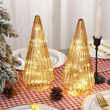 Christmas Decorations Indoor-2PCS Light Up Gold Glass Christmas Tree -Christmas Table Decorations Lighted for Home Living Room Fireplace Tabletop Party