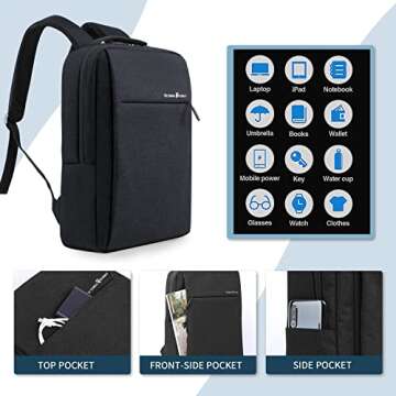 Victoriatourist 15.6-Inch Laptop Backpack - Slim, Durable, Water Resistant with USB Charging Port for College, Business, Travel