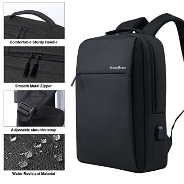 Victoriatourist 15.6-Inch Laptop Backpack - Slim, Durable, Water Resistant with USB Charging Port for College, Business, Travel