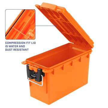 Sheffield 12630 Ammo Storage Box, Stackable .30 Cal Field Boxes, Water and Dust Resistant, Lockable Storage Box with Handle, Secures Hunting Gear, Supplies, and Bullets, Made in USA, Orange, 1-Pack