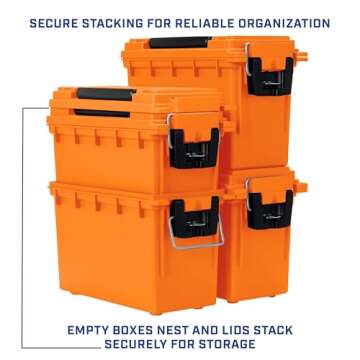 Sheffield 12630 Ammo Storage Box, Stackable .30 Cal Field Boxes, Water and Dust Resistant, Lockable Storage Box with Handle, Secures Hunting Gear, Supplies, and Bullets, Made in USA, Orange, 1-Pack