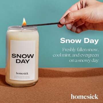 Homesick Scented Candles for Home (Snow Day) - 13.75 oz Long-Lasting Natural Soy Wax Blend Jar Candle Gifts for Women & Men, 60-80 Hours Burn Time - Notes of Crisp Air, Frosted Mint & Santal