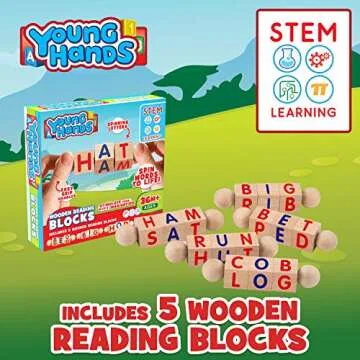 Creative Kids Wooden Reading Blocks - Set of 5 Spinning Alphabet Blocks w/Easy-Grip Handles - Kindergarten Preschool Learning Activities Letter Work - Wooden Montessori Toys Gifts for Kids Toddlers