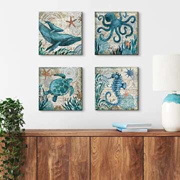 Bathroom Wall Art Beach Decor Ocean Sea Turtle Octopus Canvas Pictures Coastal Room Decor Teal Bathr...
