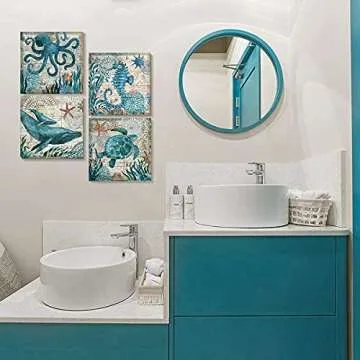 Bathroom Wall Art Beach Decor Ocean Sea Turtle Octopus Canvas Pictures Coastal Room Decor Teal Bathroom Accessories Vintage Whale Seahorse Poster Modern Nautical Painting Bedroom Home Decorations