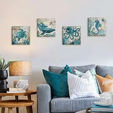 Bathroom Wall Art Beach Decor Ocean Sea Turtle Octopus Canvas Pictures Coastal Room Decor Teal Bathroom Accessories Vintage Whale Seahorse Poster Modern Nautical Painting Bedroom Home Decorations
