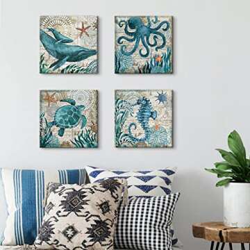 Bathroom Wall Art Beach Decor Ocean Sea Turtle Octopus Canvas Pictures Coastal Room Decor Teal Bathroom Accessories Vintage Whale Seahorse Poster Modern Nautical Painting Bedroom Home Decorations