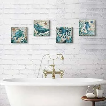 Bathroom Wall Art Beach Decor Ocean Sea Turtle Octopus Canvas Pictures Coastal Room Decor Teal Bathroom Accessories Vintage Whale Seahorse Poster Modern Nautical Painting Bedroom Home Decorations