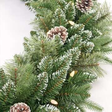 AMERZEST Christmas Garland Pre-lit 9 Ft with 50 Led Lights, Battery Operated Fireplace Stairs Mantle Door Indoor Outdoor, Decorated Pine Cone and Snow Style