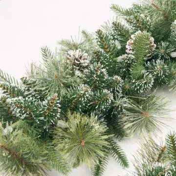 AMERZEST Christmas Garland Pre-lit 9 Ft with 50 Led Lights, Battery Operated Fireplace Stairs Mantle Door Indoor Outdoor, Decorated Pine Cone and Snow Style