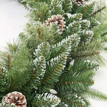 AMERZEST Christmas Garland Pre-lit 9 Ft with 50 Led Lights, Battery Operated Fireplace Stairs Mantle Door Indoor Outdoor, Decorated Pine Cone and Snow Style
