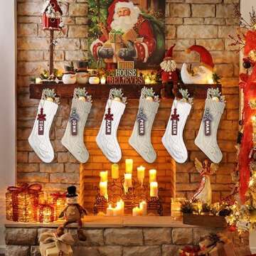 XIMISHOP 6pack Christmas Stockings, 18inch Large Personalized Cable Knitted Xmas Hanging Stocking Decorations with Name Tags for Holiday Christmas Party Family Decor (Khaki and White)