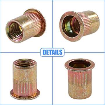 Glarks 320Pcs 5/32"-32UNC 8-32UNC 10-24UNC 1/4"-20UNC 1/4"-20UNC 5/16"-18UNC 3/8"-16UNC 1/2"-13UNC Zinc Plated Carbon Steel Flat Head Rivnut Threaded Insert Rivet Nuts Assortment Set (Rivet Nut KIt)