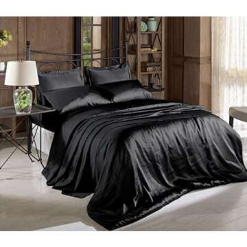 Hight Thread Count Solid Color Soft Silky Charmeuse Satin Luxury and Super Soft Bed Sheet Set (Black...