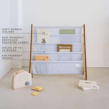 3 Sprouts Recycled Fabric Kids Bookshelf – 4-Tier Sling Book Rack Storage - Kids Room Book Shelves, Nursery, Playroom, Classroom - Bookcase Display Shelf for Toddler, Children Age 3+ - Gingham Blue