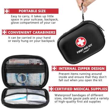 Mini First Aid Kit - 120 Piece Small Waterproof Hard Shell Medical Kit for Car, Home, Office, Travel, Camping, Sports, Outdoor, School - Emergency First Aid Supplies and Survival Kit (Black)