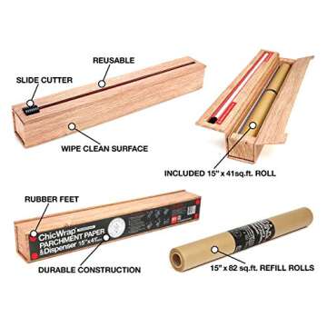 ChicWrap Wood Grain Parchment Paper Dispenser with 15"x 41" Sq. Ft Roll of Culinary Parchment Paper - Reusable with Slide Cutter Technology
