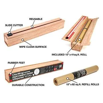 ChicWrap Wood Grain Parchment Paper Dispenser with 15"x 41" Sq. Ft Roll of Culinary Parchment Paper - Reusable with Slide Cutter Technology