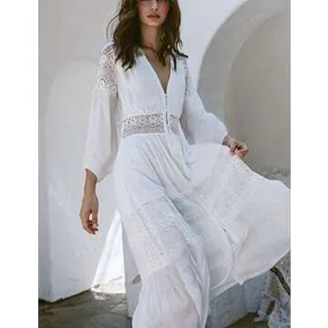 Bsubseach Women Sexy Open Front Lace Beach Kimono Cardigan White 3/4 Sleeve Button Down Long Swimsuit Bikini Cover Up