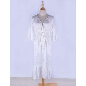 Bsubseach Women Sexy Open Front Lace Beach Kimono Cardigan White 3/4 Sleeve Button Down Long Swimsuit Bikini Cover Up