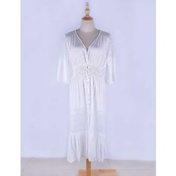 Bsubseach Women Sexy Open Front Lace Beach Kimono Cardigan White 3/4 Sleeve Button Down Long Swimsuit Bikini Cover Up