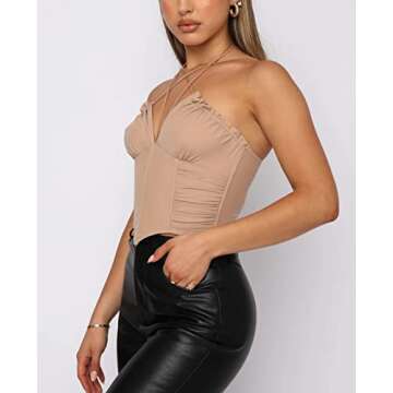 MOALLUOM Sexy Clubwear Women V Neck Mesh Bustier Corset Top Sleeveless Boned Party Criss Cross Halte...