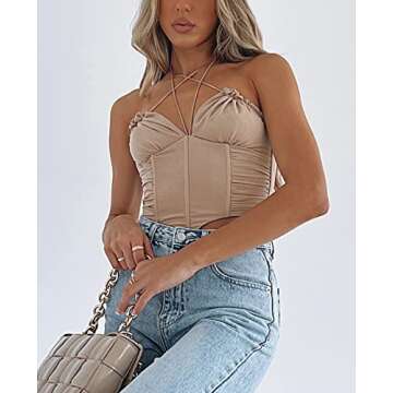 MOALLUOM Sexy Clubwear Women V Neck Mesh Bustier Corset Top Sleeveless Boned Party Criss Cross Halter Crop Tops Y2k Outfit
