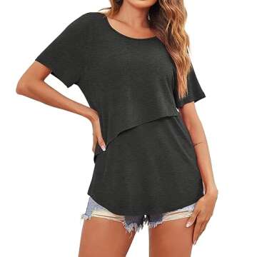 Ekouaer Breastfeeding Tops for Women Soft Postpartum Shirts Short Sleeve Nursing Loungewear Black+Di...