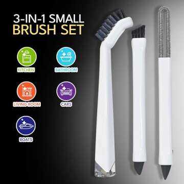 Small Cleaning Brush Set 3pcs—Crevice Brushes for Cleaning—Scrub Brushes Set with Silicone Tippe...