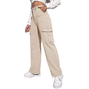 SweatyRocks Women's High Waist Cargo Jeans Flap Pocket Wide Leg Denim Pants Khaki S