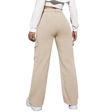 SweatyRocks Women's High Waist Cargo Jeans Flap Pocket Wide Leg Denim Pants Khaki S