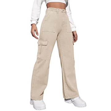 SweatyRocks Women's High Waist Cargo Jeans Flap Pocket Wide Leg Denim Pants Khaki S