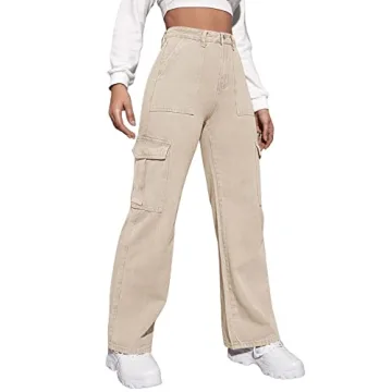 SweatyRocks Women's High Waist Cargo Jeans Flap Pocket Wide Leg Denim Pants Khaki S