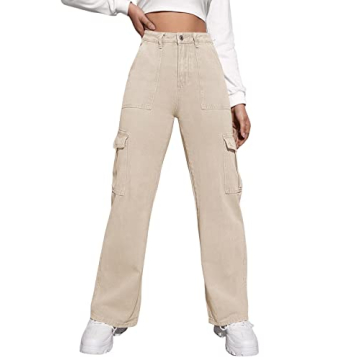 SweatyRocks Women's High Waist Cargo Jeans Flap Pocket Wide Leg Denim Pants Khaki S
