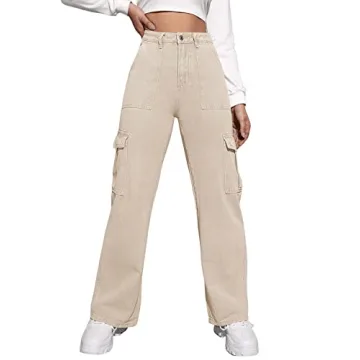 SweatyRocks Women's High Waist Cargo Jeans Flap Pocket Wide Leg Denim Pants Khaki S