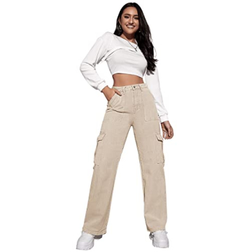 SweatyRocks Women's High Waist Cargo Jeans Flap Pocket Wide Leg Denim Pants Khaki S