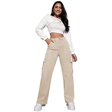 SweatyRocks Women's High Waist Cargo Jeans Flap Pocket Wide Leg Denim Pants Khaki S